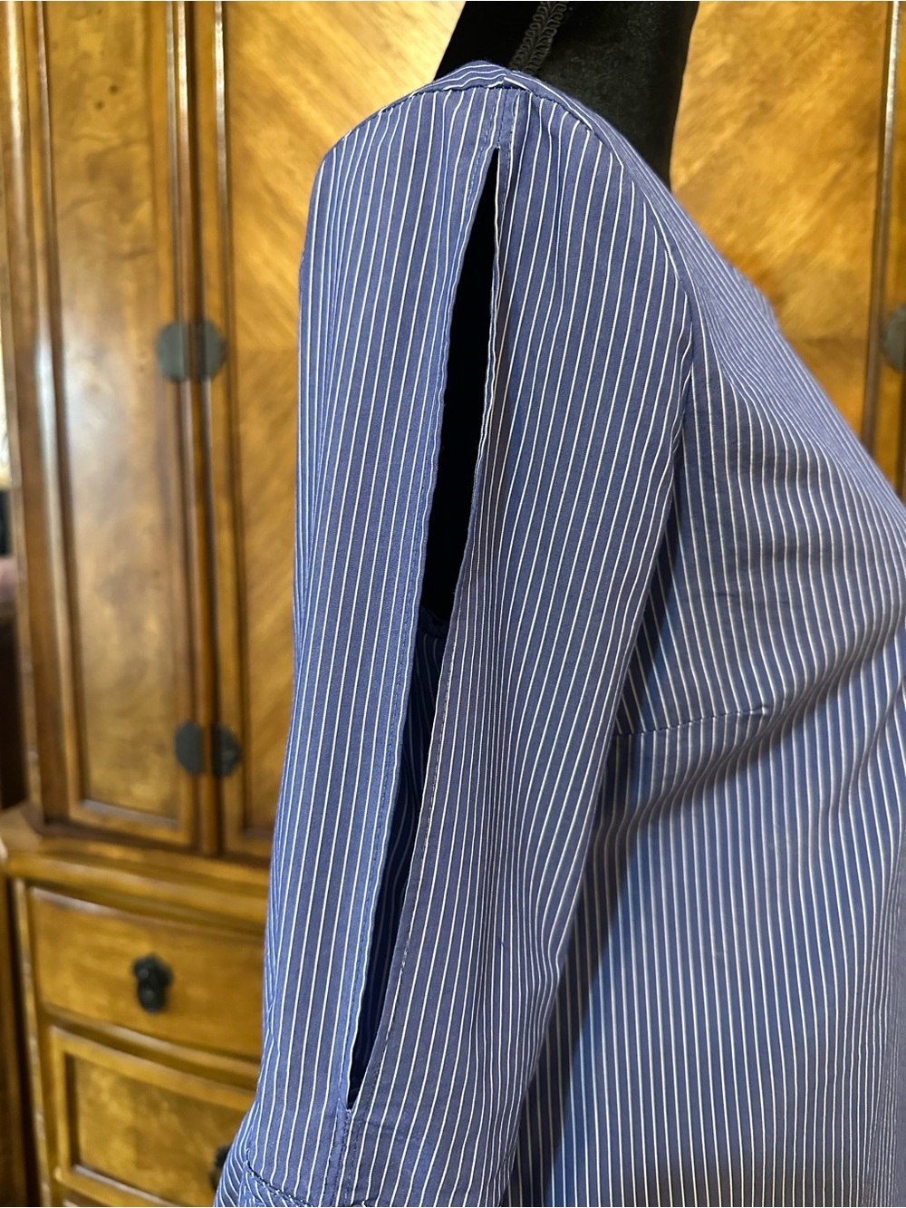Socialite Blue White Pinstripe Mini Shift Dress Tunic Bell Sleeve Pockets M - Picture 6 of 12